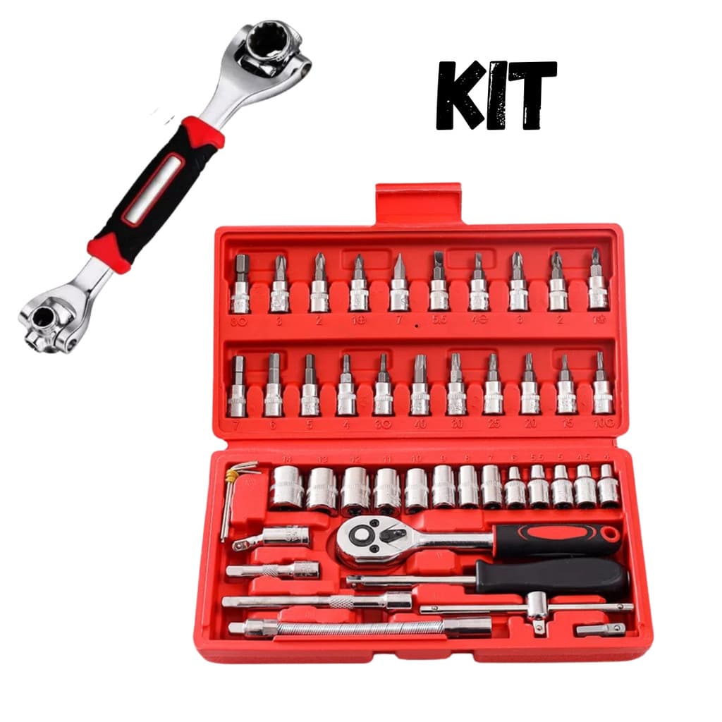 Kit Jogo Chave Catraca Reversível 46 Peças + Chave Boca Soquete Estrela 8x1