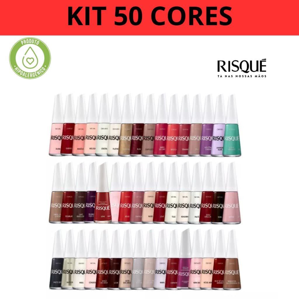 RISQUÉ KIT COM 50 Esmaltes Unha Manicure Cores Sortidas Risque Hipoalergenicos Atacado