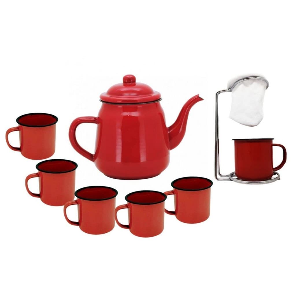 Kit Bule Esmaltado Vermelho 6 Canecas e Mini Coador Café Aço Cromado - Tuut