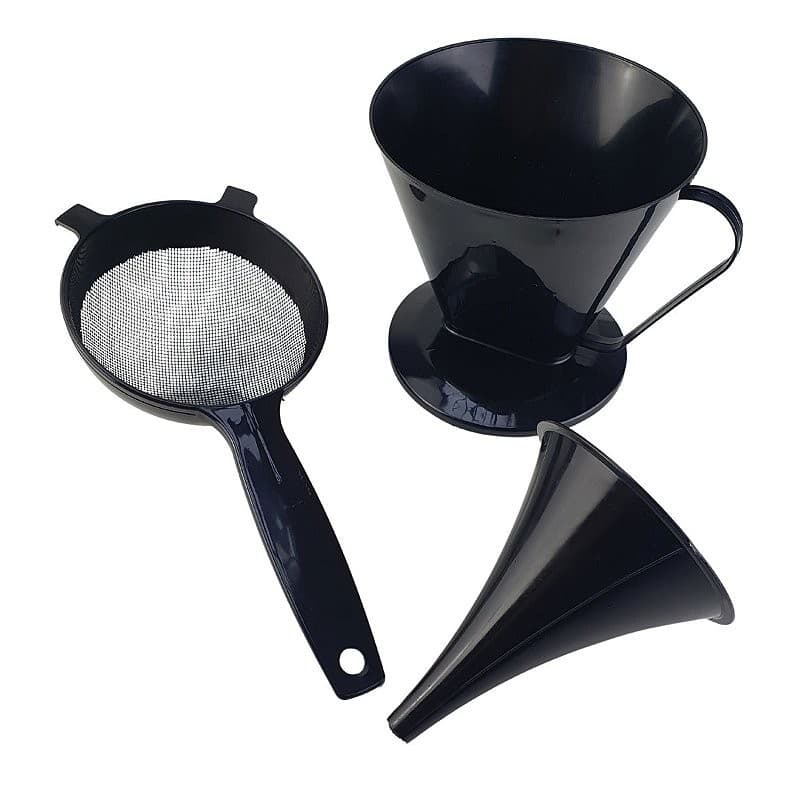 Kit de Cozinha Peneira, Funil e Filtro de Café em Preto 3 Peças