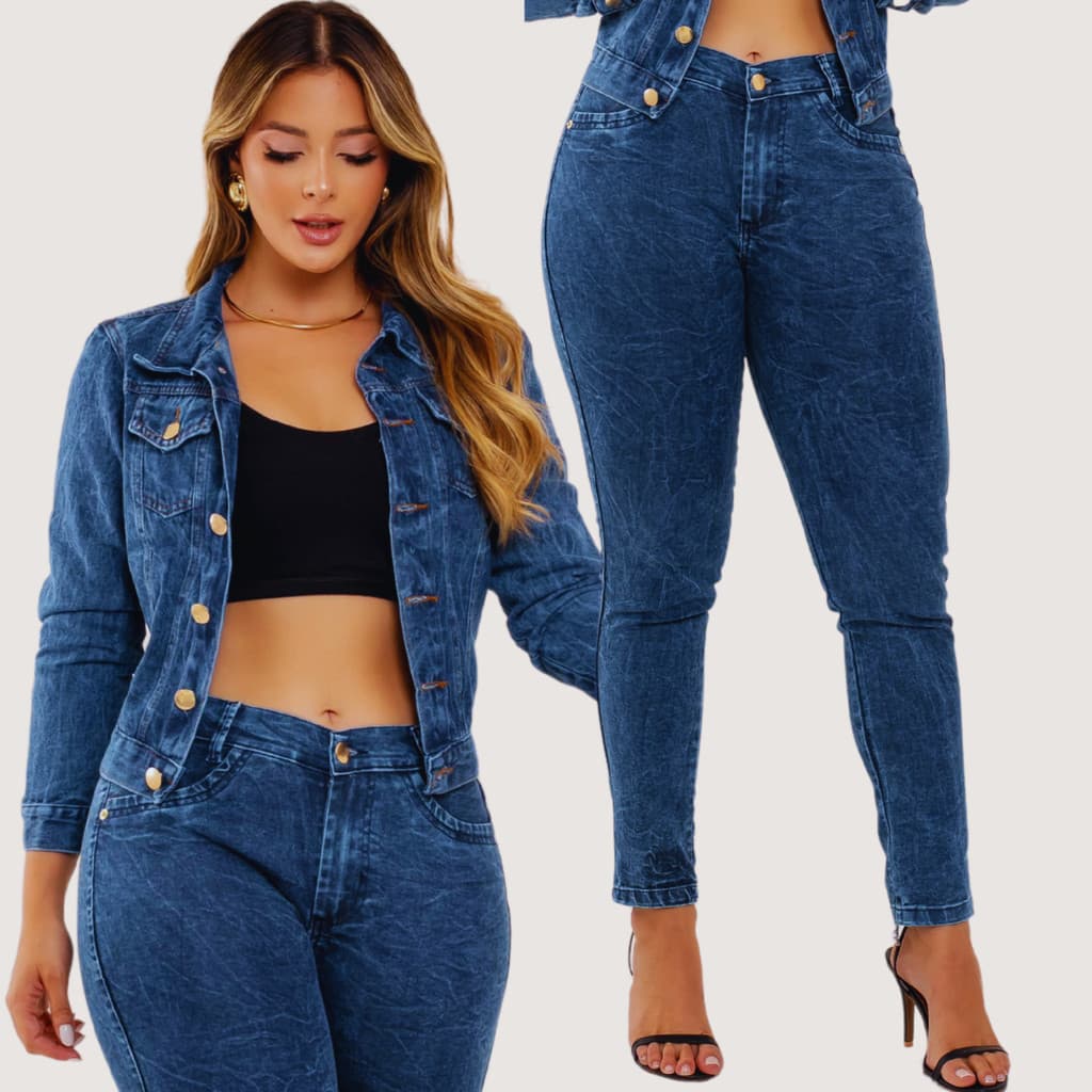 Conjunto Jeans Feminino Jaqueta e Calça Marmorizada Moda Blogueira Tendência
