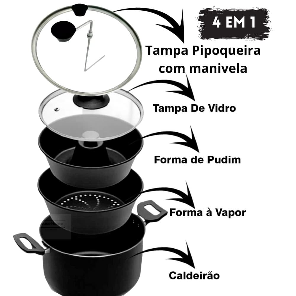 Kit Jogo 4 em 1 Pipoqueira Pudim Banho Maria Caldeirão Panela Legumes no vapor Antiaderente Teflon Tampa de VIdro