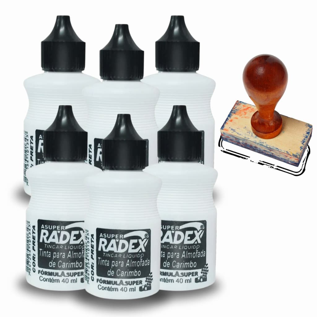 6 Un Tinta Preta Para Almofada De Carimbo Radex 40ml Refil Carimbeira