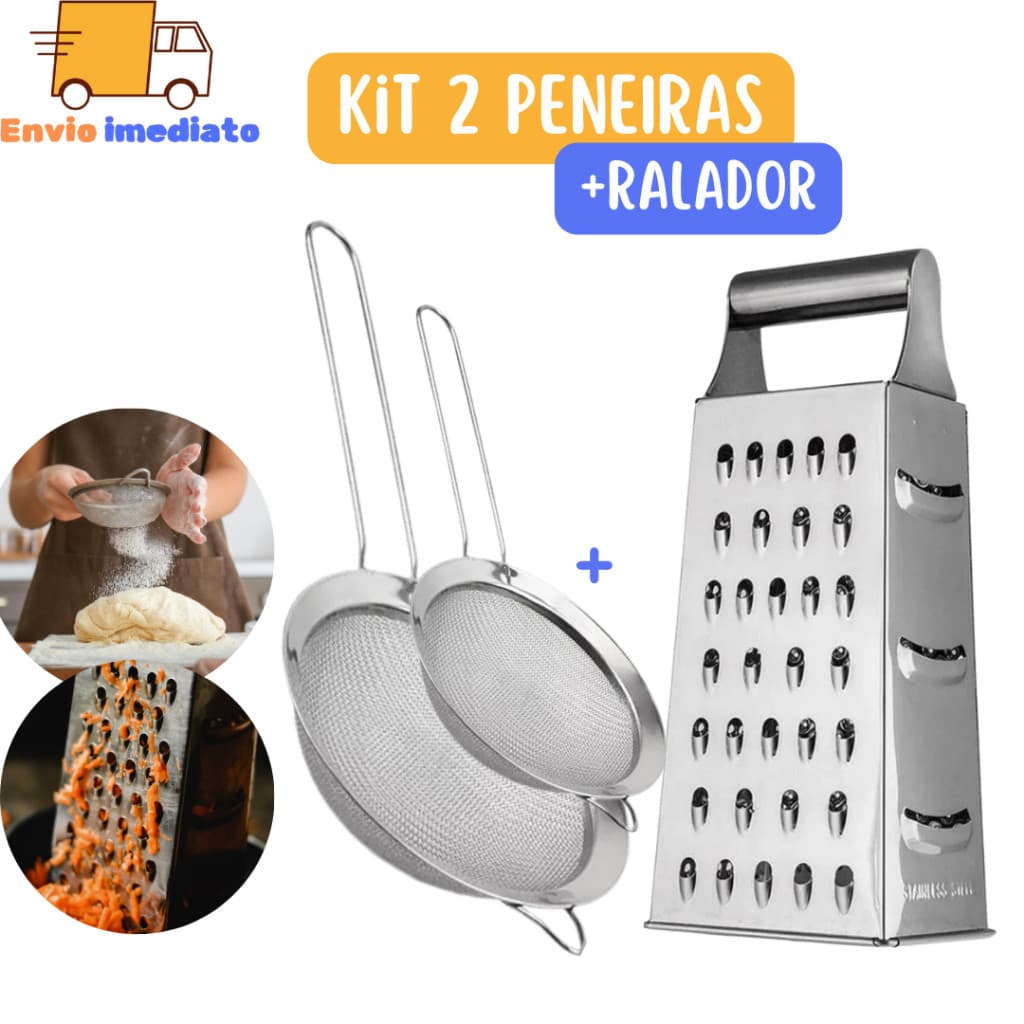 Kit 2 Peneiras com Ralador 100% Inox para Legumes Arroz Farinha Cozinha Restaurantes Buffet Casa Bar