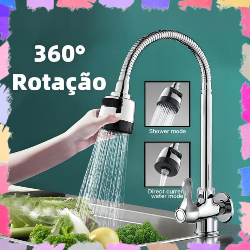 Torneira Com Rotação De 360° Cozinha Parede Chuveirinho Para Pia De Cozinha Flexível Prata Metal+ABS