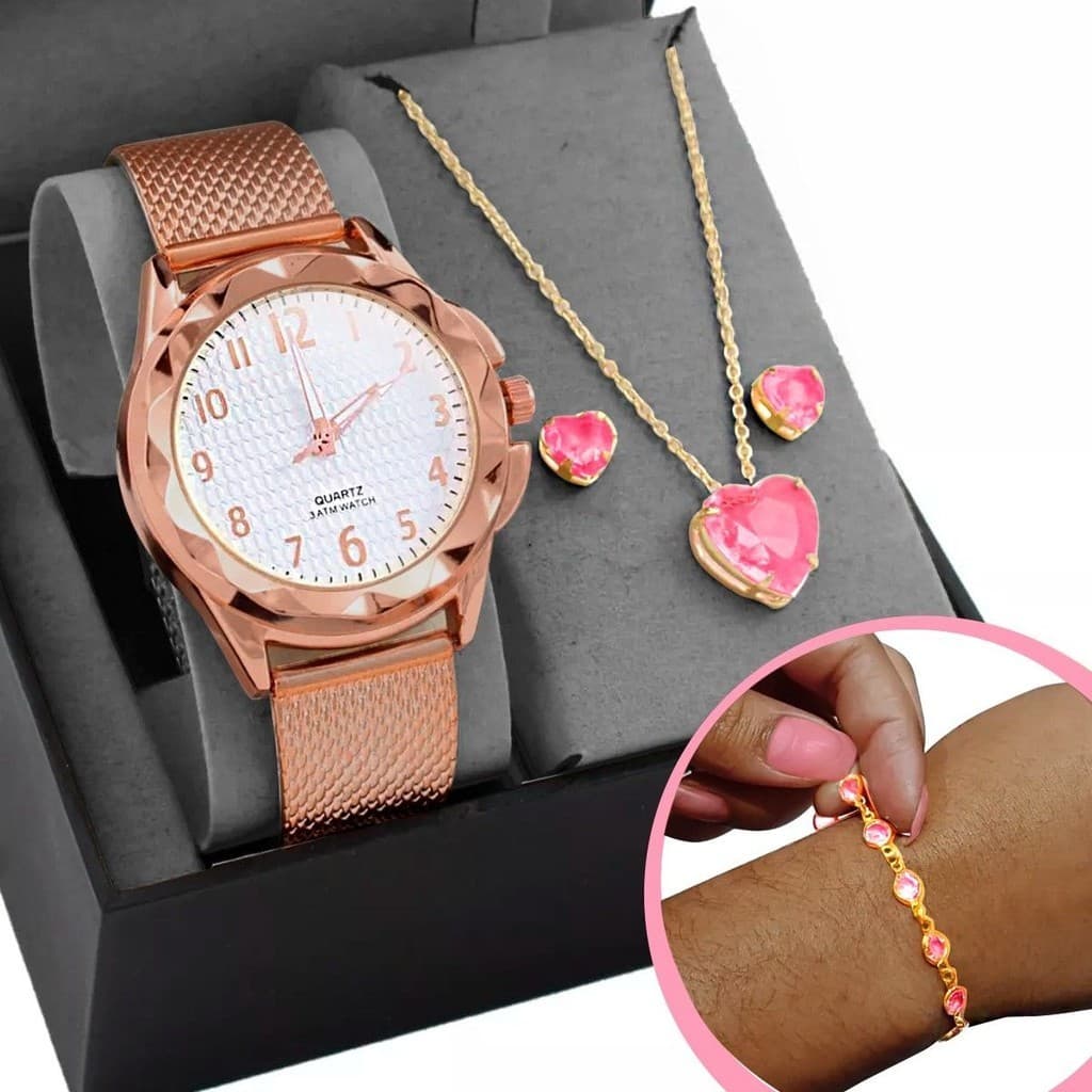 Relogio feminino dourado prova dagua silicone + Caixa + colar  + pulseira ajustavel presente Rose