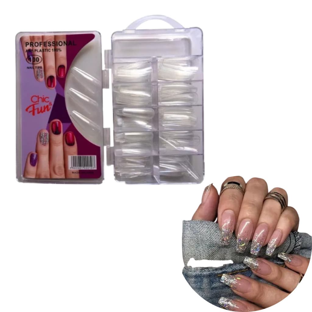 Kit 100 Unhas Natural Bailarina Transparente Postiça