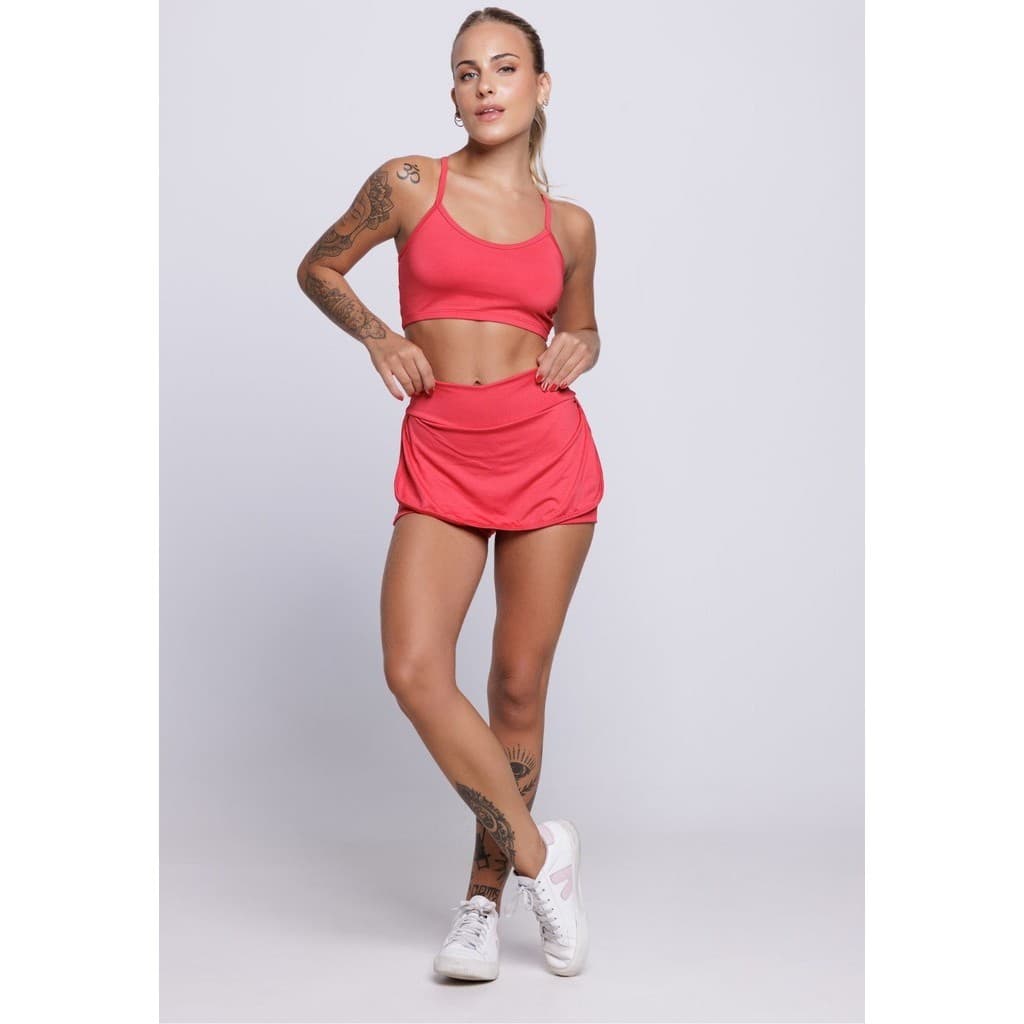 Conjunto Fitness Top Alça Fina Costa Cruzada E Short Saia Feminino Academia Treino