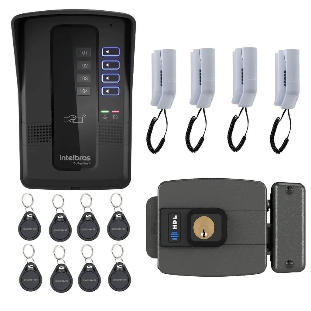 Kit Porteiro Eletrônico Coletivo de 4 Pontos e Fechadura HDL