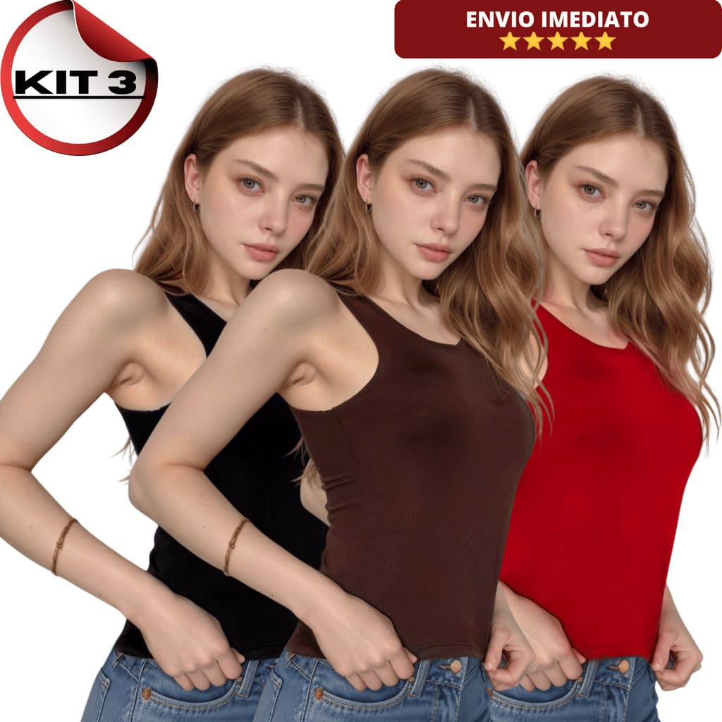 Kit 3 Blusinhas Regatas Básica Forro Duplo Feminina Suplex Elegante Moda Blogueira