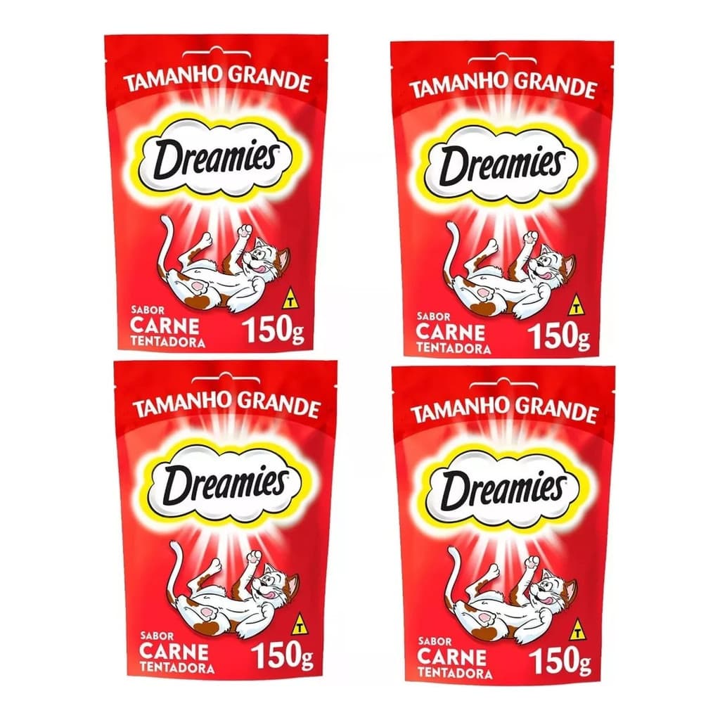 4 X Petisco Dreamies Para Gatos Adultos Sabor Carne 150g