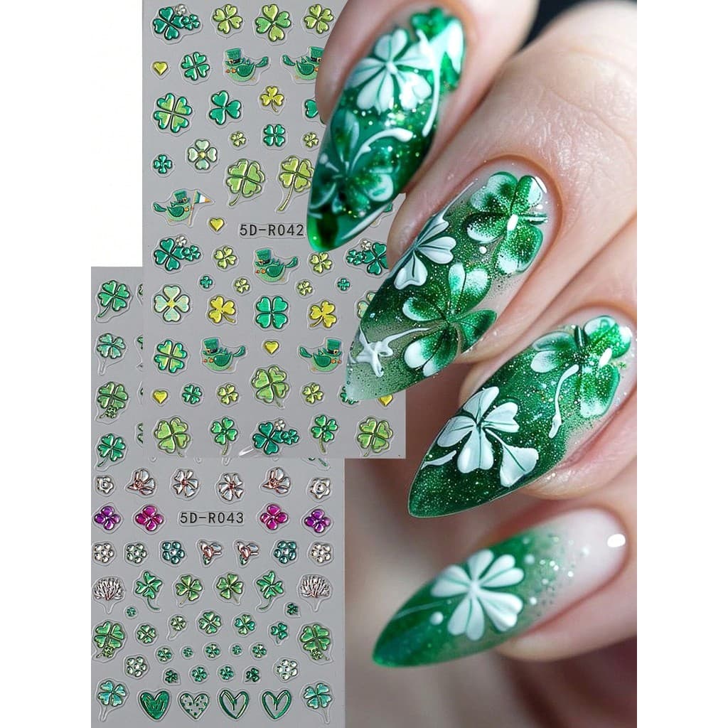 5D-K128 Adesivos De Unhas Green Lucky Clover Decalques De Trevo Em Relevo 5D 5D Relief Flower Art Suprimentos De Manicur