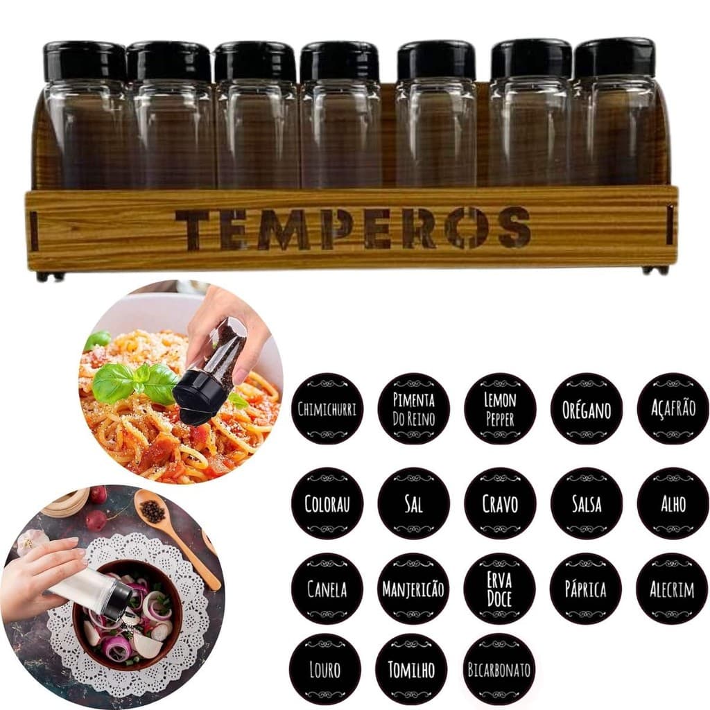 Kit Porta Tempero Com 7 Potes 100 ML FlipTop Tempero Cozinha