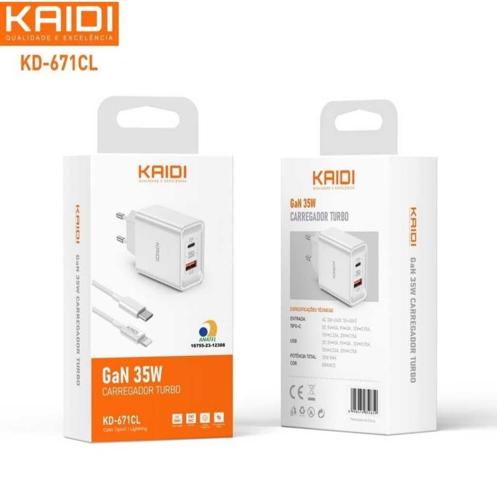 Carregador de Tomada Fonte Turbo 35W entrada dupla Tipo-C e USB com cabo Tipo C para IOS/TIPO-C  KAIDI KD-671 -STARYE