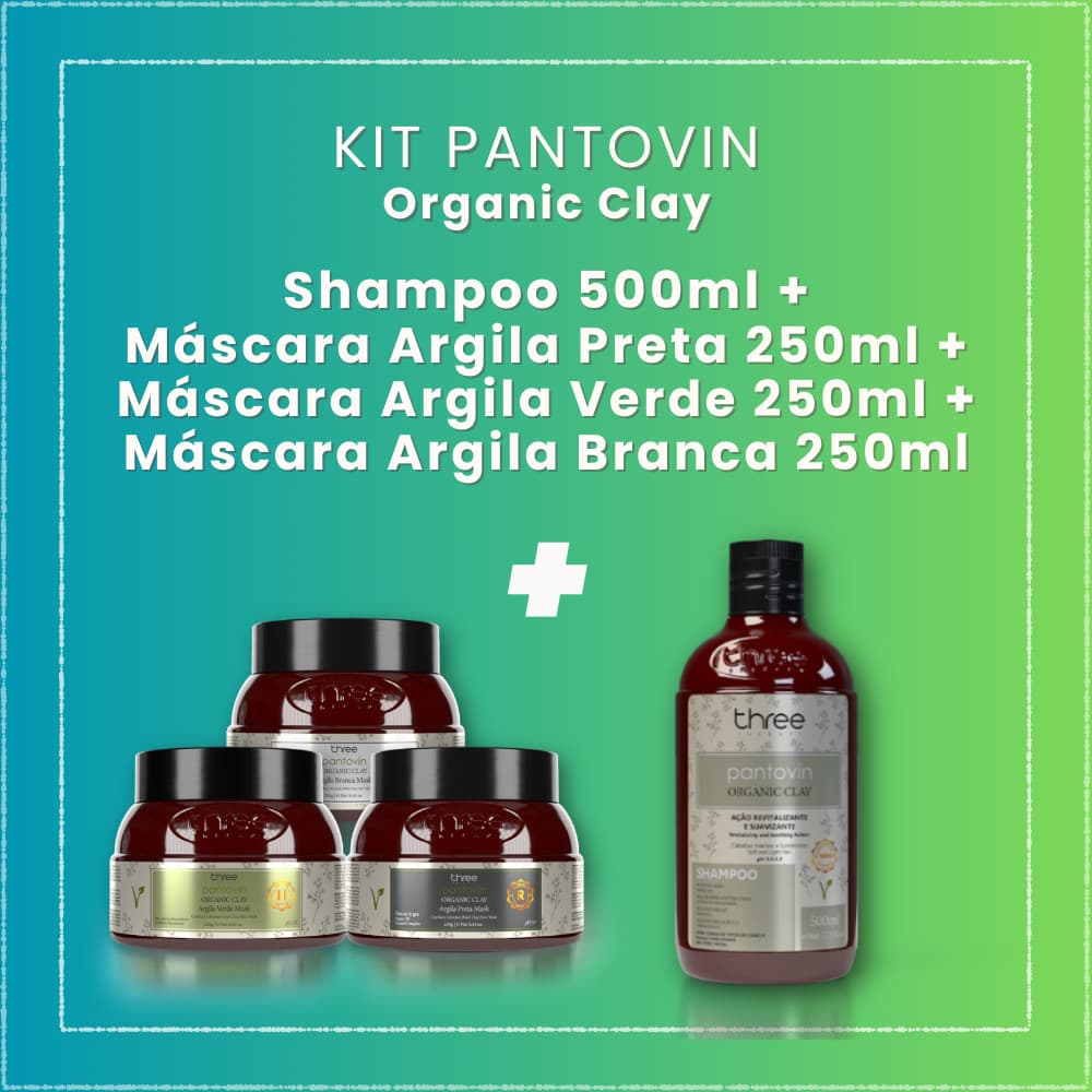 Kit Pantovin Cronograma Organic Clay Shampoo 500ml + Argilas Branca/Verde/Preta 250g Three Therapy