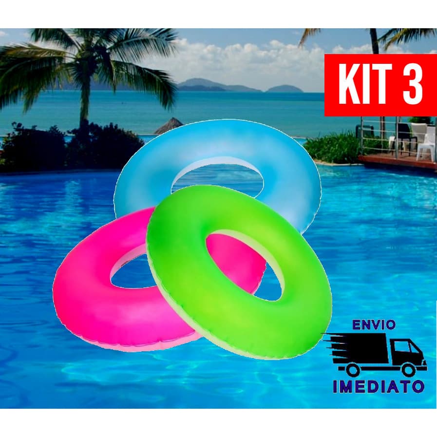 Kit 3 Bóia Inflável Circular Neon Redonda de Piscina 76cm para Criança e Adulto