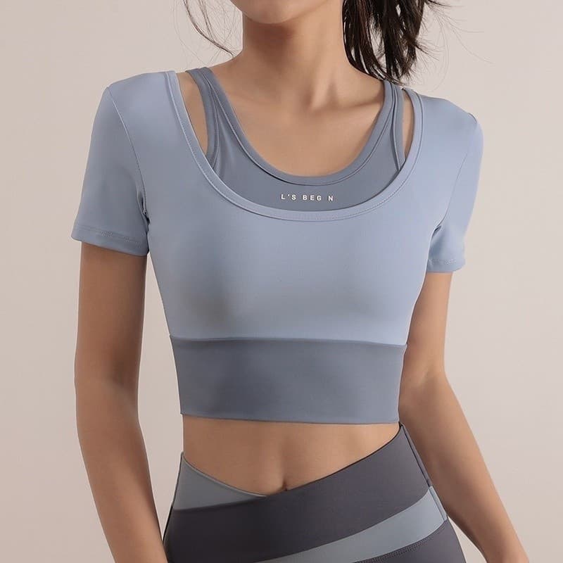 Camisa esportiva feminina de manga curta, bainha curta, adequada para academia/Fitness/academia QKLL