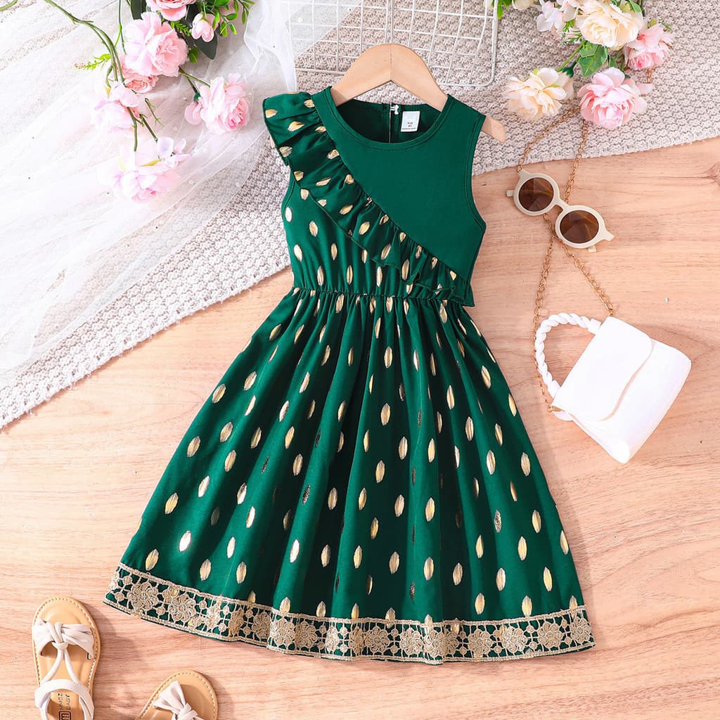 Vestido Festa Infantil Meninas 3-7 Anos Regata Brilhante Hot Stamp Verde Floresta Única Edição