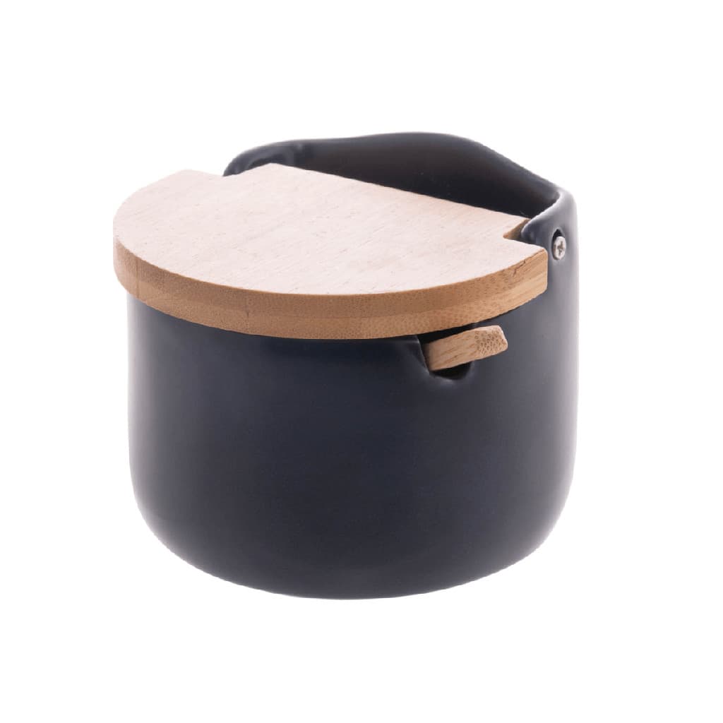 Saleiro Porta Sal Saleira de Mesa em Cerâmica com Tampa e Colher de Bambu Blue Azul Wolff 10x9,5x9,5cm