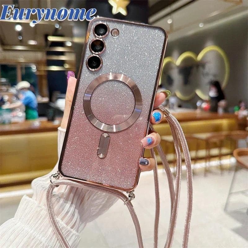 Samsung Galaxy S24 S25 S23 Plus S21 FE S22 Ultra Crossbody Cordão Gradiente Glitter Caso Magnético Macio Chapeamento Cap