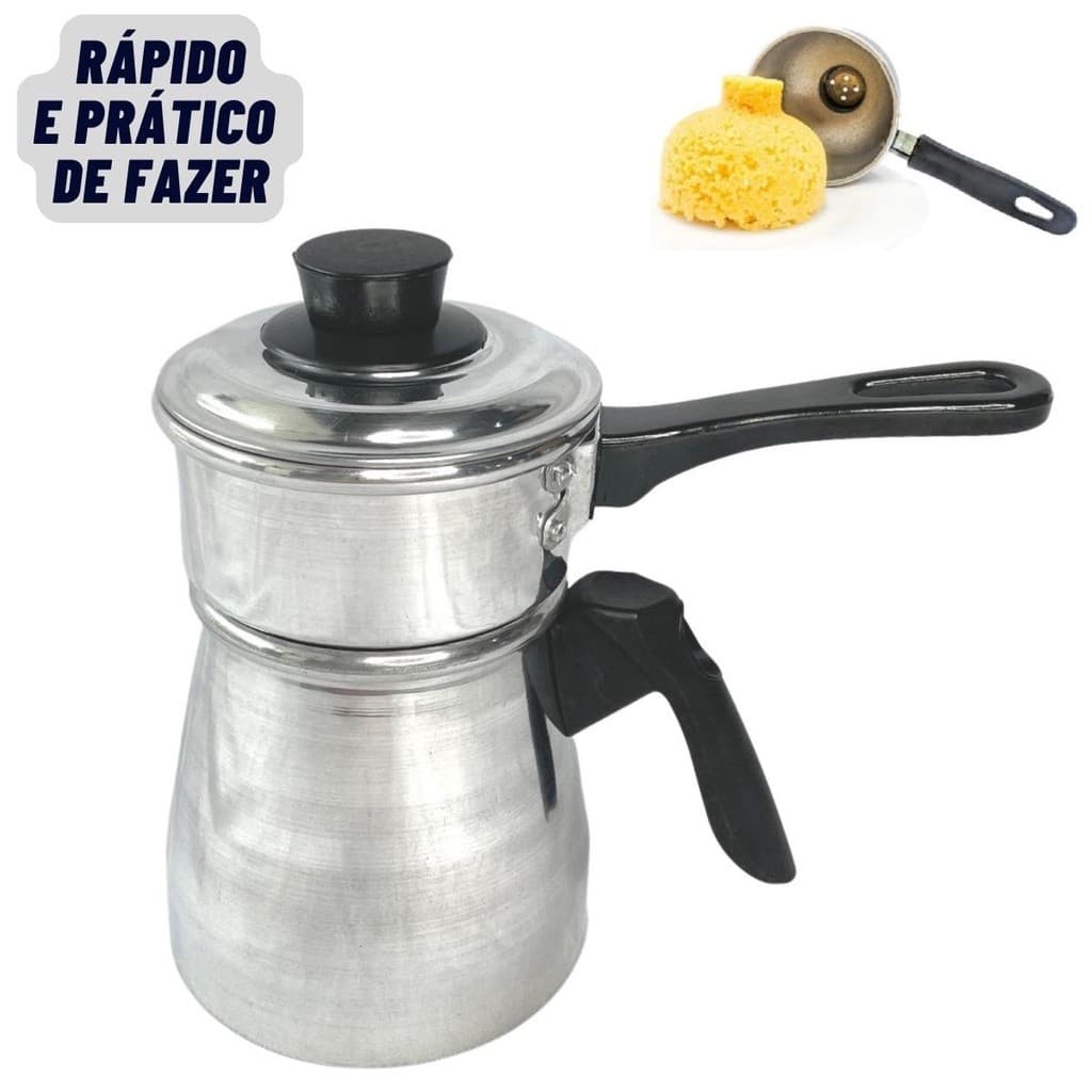 Cuscuzeiro Individual Polido 2 em 1 Cozi Vapore Leiteira 1L Caneco Com 2 Tampas em Aluminio