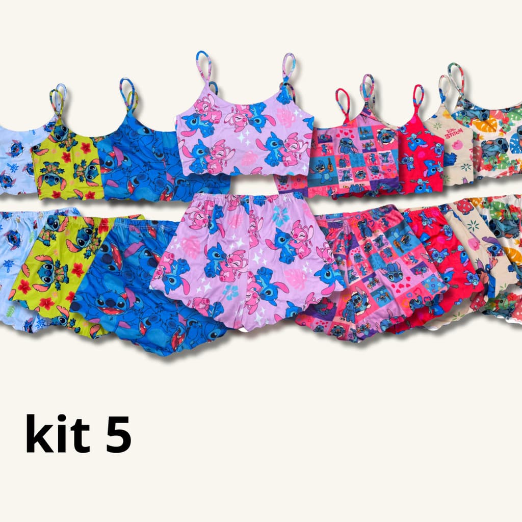 Kit 5 Pijama feminino top doll baby doll cropped alcinha verão revenda Stitch