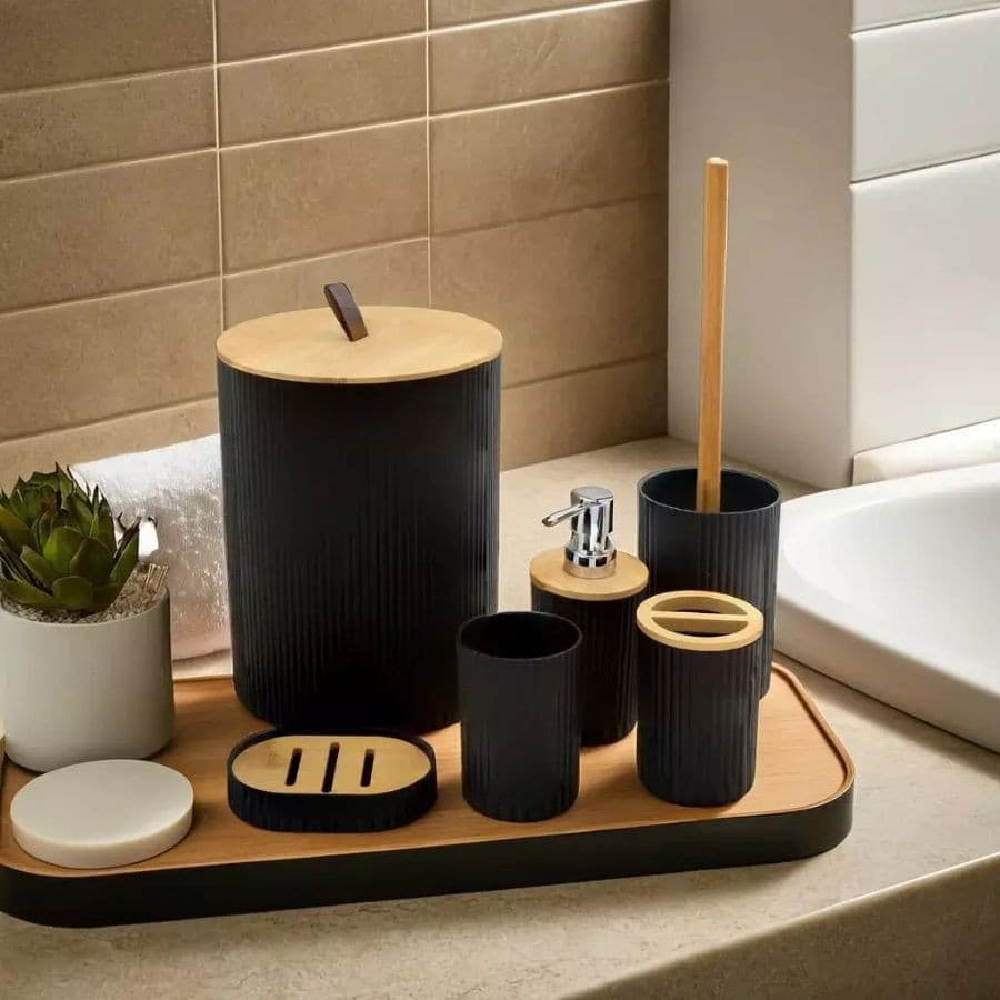 Oferta Conjunto De 6 Utensilios Para Banheiro Lixeira Saboneteira Porta escova Bambu