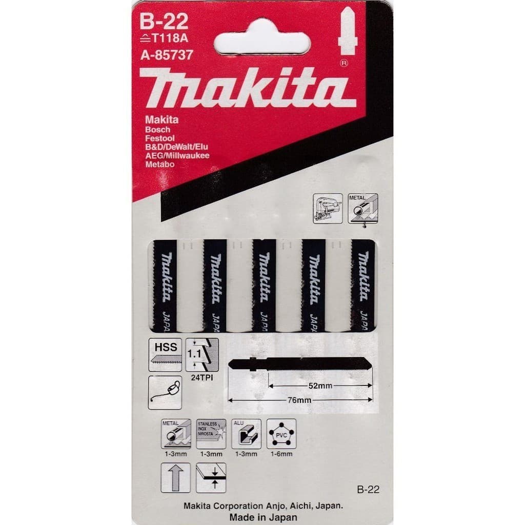 Jg. 5 Lâminas B22 Encaixe T P/ Serra Tico-tico Original Makita