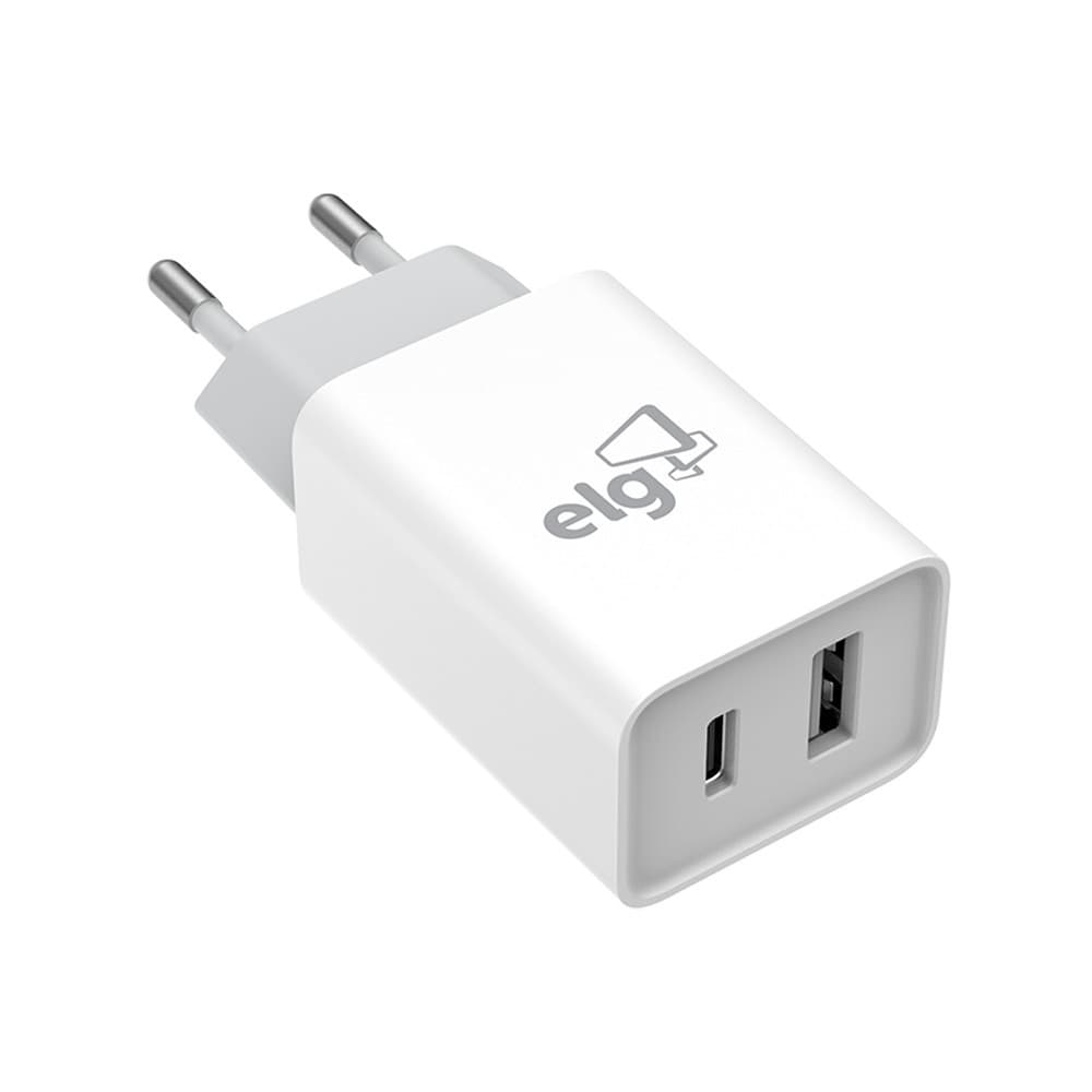 Carregador de Parede Universal, 2 Portas USB 2.1A + Tipo-C 2.1A, Carga Rápida, Branco, W124C, ELG