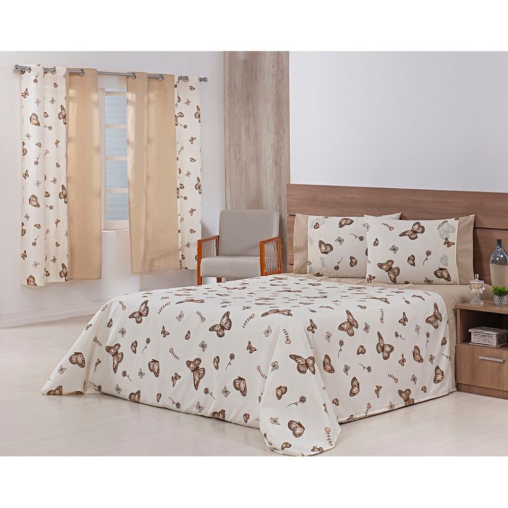 Jogo Lençol 4 Peças Cama Viúva 2,03mx1,20mx35cm 100% Algodão 180 Fios Ponto Palito Losangos Borboletas Cáqui