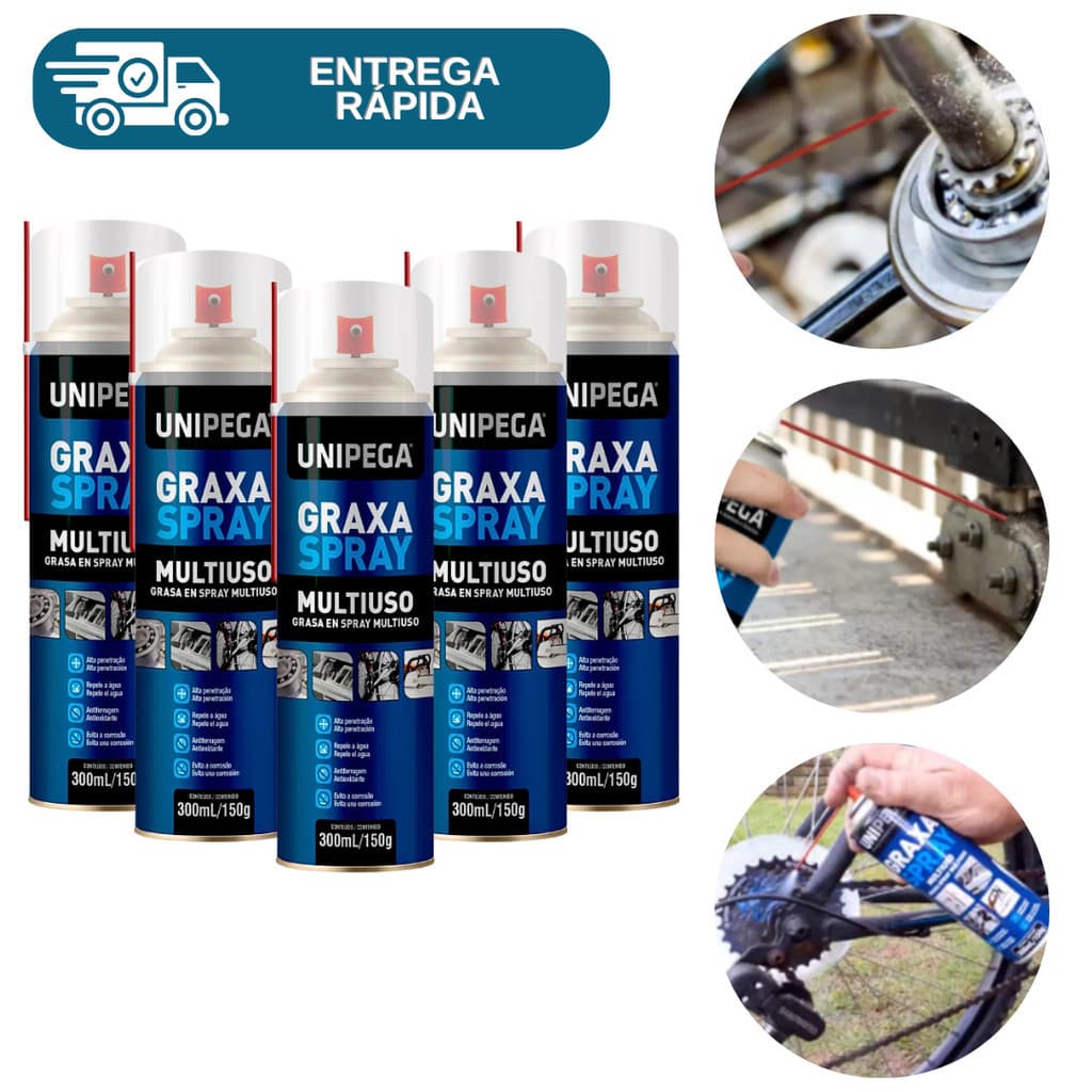 Kit 5 Graxa Spray Lubrificante Multiuso 300ml Unipega Bicicleta Moto Rolamento Trilho Engrenagem