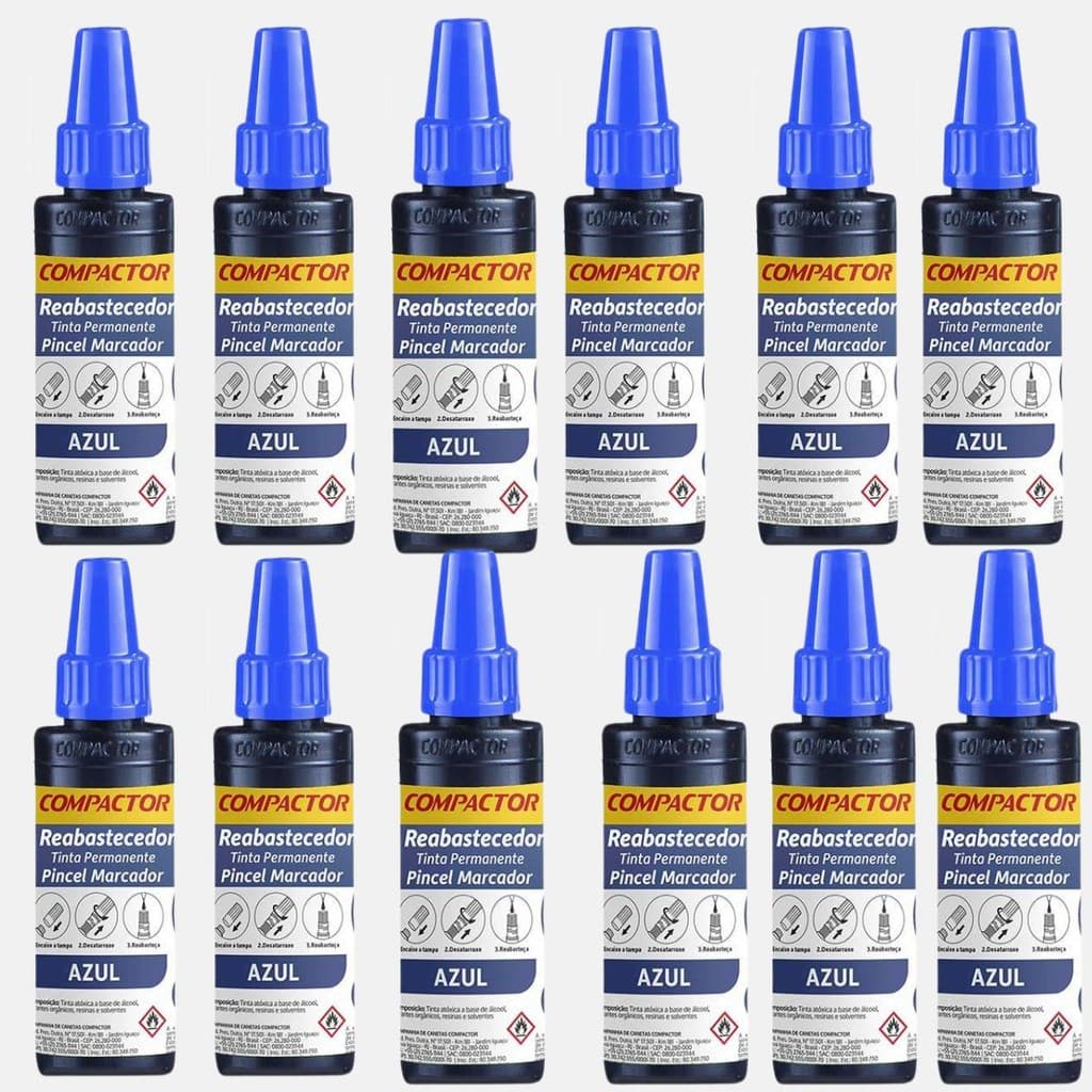 KIT 12 TINTAS REABASTECEDORA PERMANENTE P/ PINCEL MARCADOR AZUL  COMPACTOR 30ML
