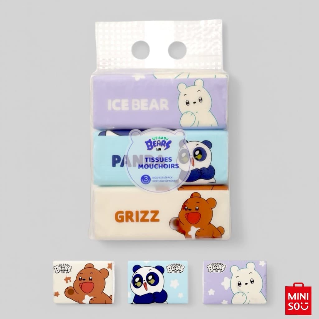 Pacote de Lenços Faciais We Baby Bears Miniso – 3 Pacotes com 100 Folhas Cada | Papel Macio e Absorvente