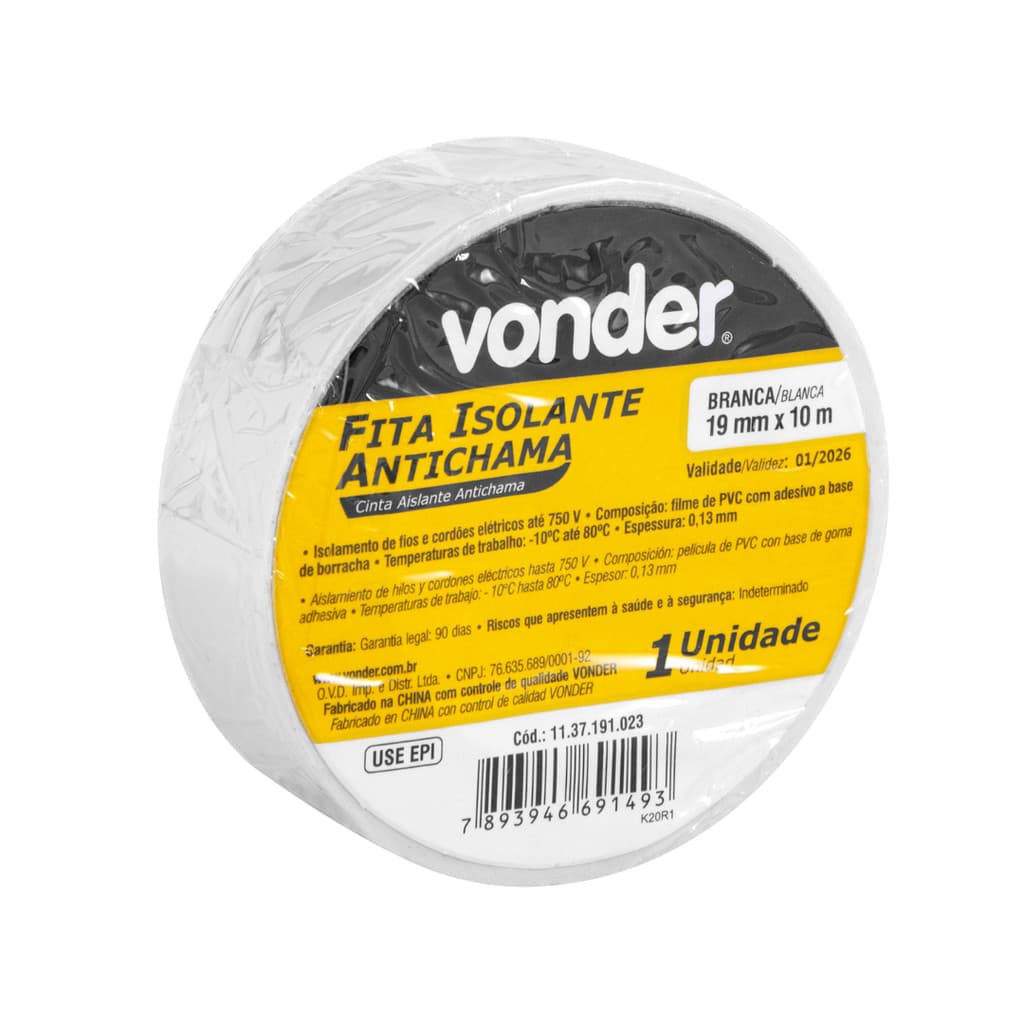Fita Isolante, 19,0 mm x 10 Metros Branca VONDER