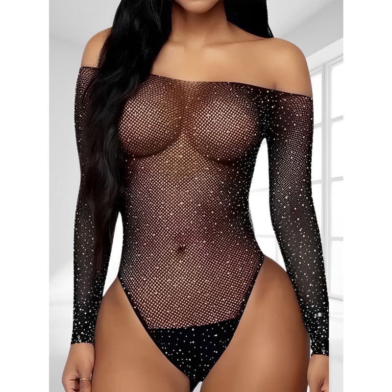 Body  Strass Brilho Arrastão  manga longa cores Preto Branco Vermelho tendência blogueira tamanho grande 36 ao 46