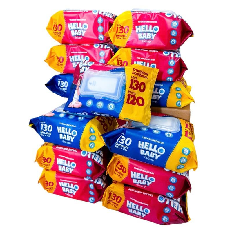 Caixa 1560 Toalha umedecida HELLO BABY SEM ÁLCOOL  (Kit 12 pacotes toalha umedecida hello baby lenço umedecido)