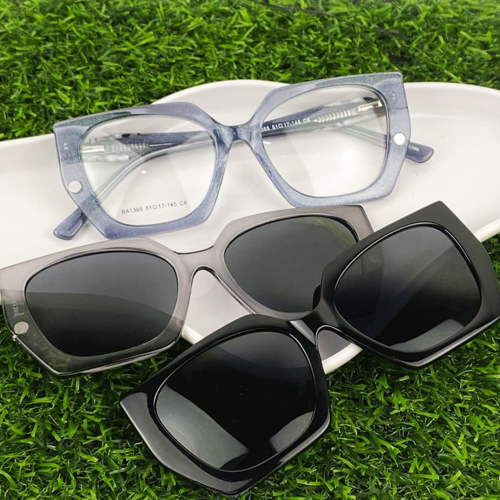 Armação De Óculos Feminino Para  Grau Envio Imediato Quadrado Varias Cores + Clipon 3 Em 1 Acetato Cf450