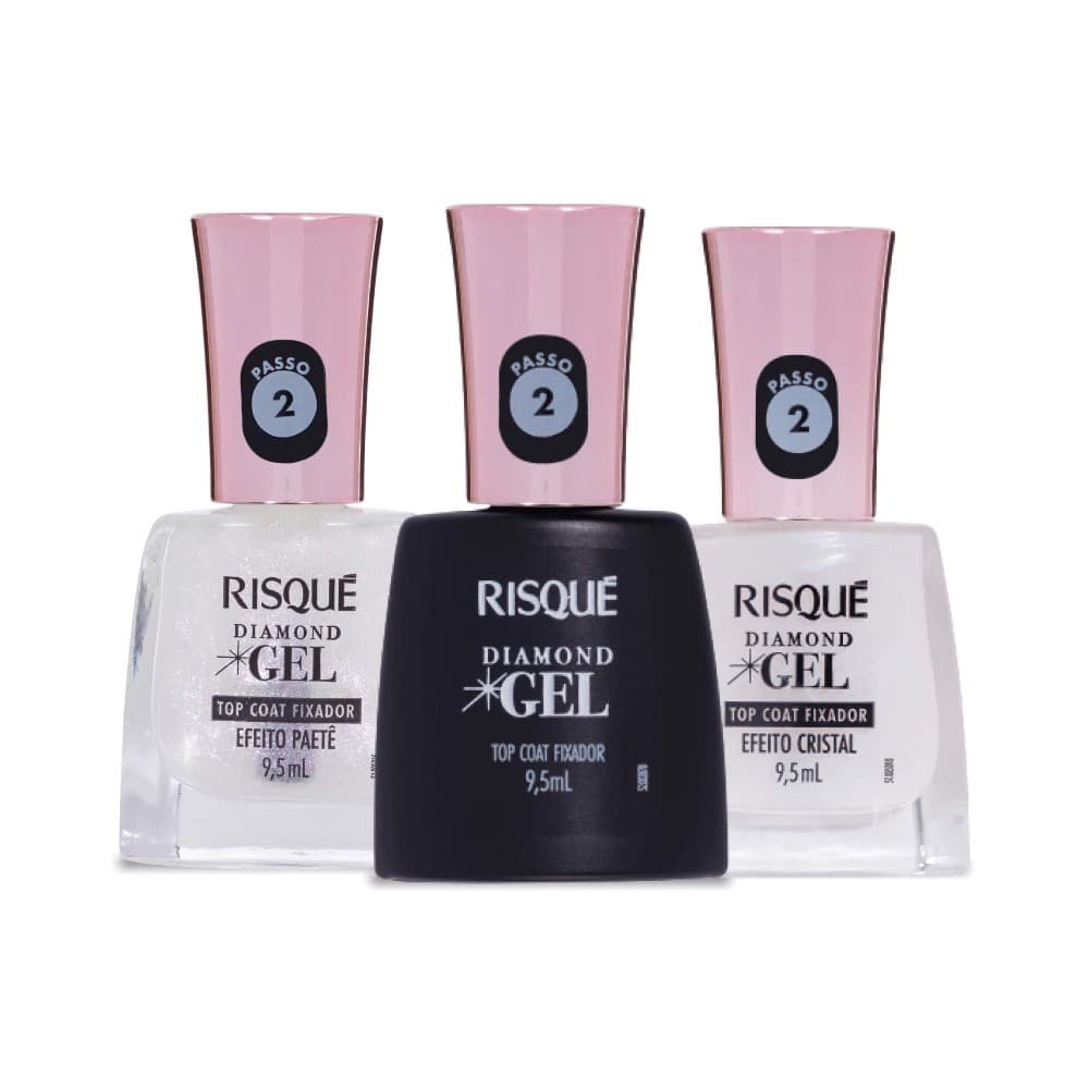 Kit 3 Top Coat Efeito Cristal, Efeito Paetê e Top Coat Fixador - Risqué Diamond Gel 9,5ml cada