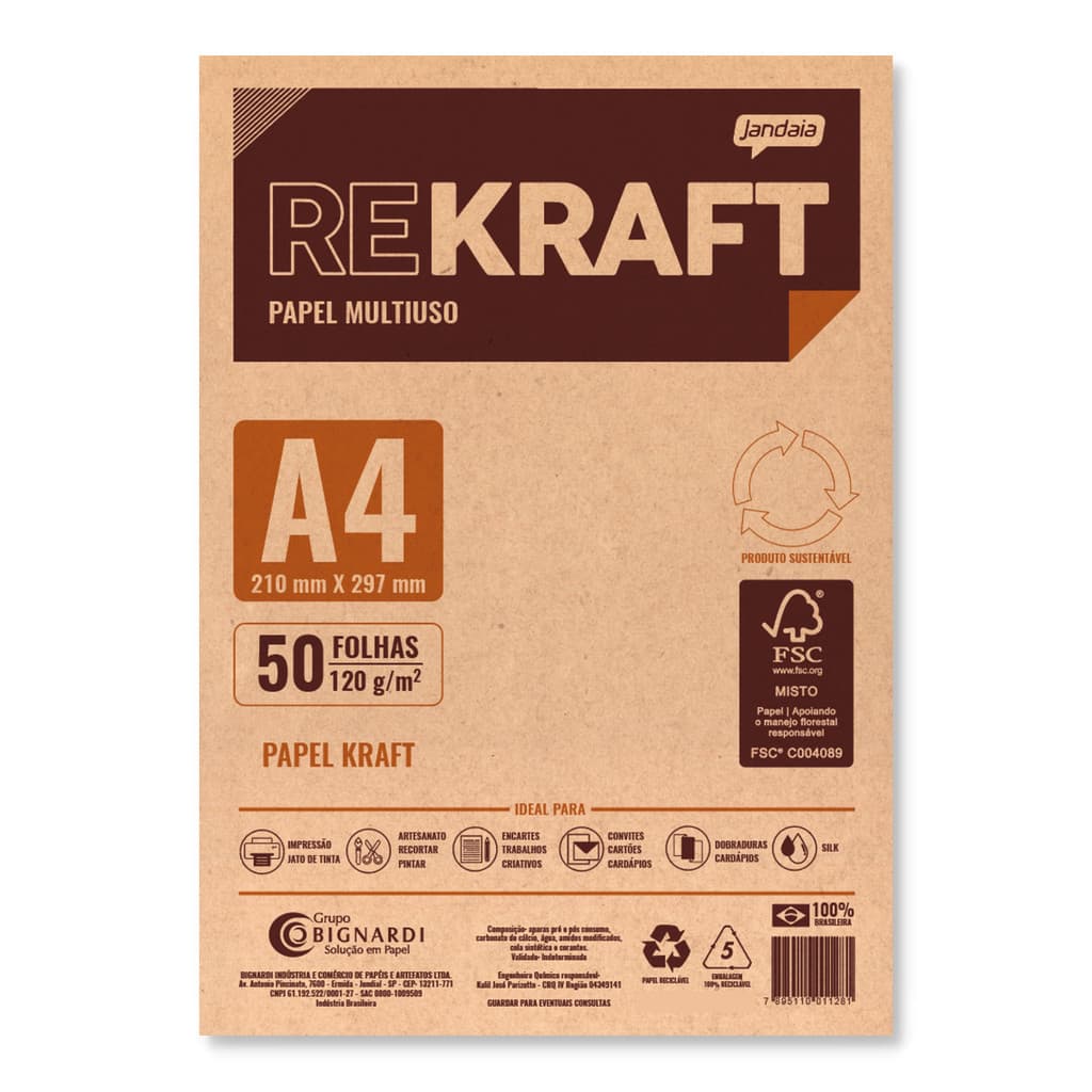 Papel Kraft A4 120g 50 folhas reciclado multiuso Jandaia
