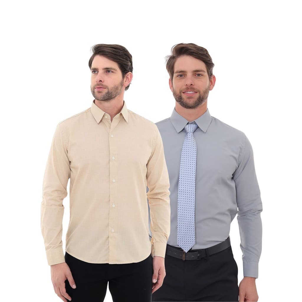 KIT Masculino 2 Peças - Camisa Social Premium Tipo Linho Bege e Camisa Social Slim Cinza