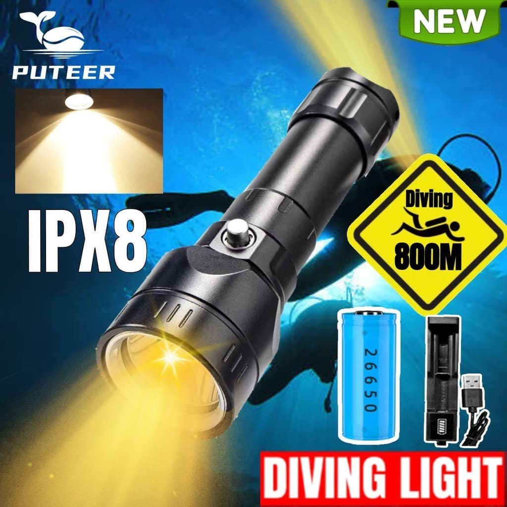 Nova Lanterna De Mergulho Puteer Luz Amarela À Prova D'água Ipx8 Subaquática 800m 26650 Células De Bateria 5000mah Para Autônomo