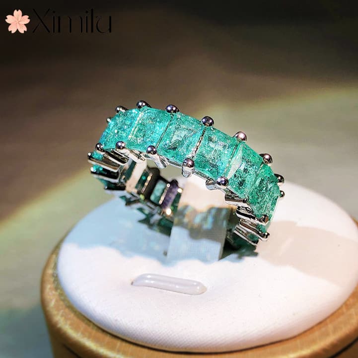 ♥ Luxo Original incrustado paraíba anel azul verde Moissanite feminino jóias de noivado