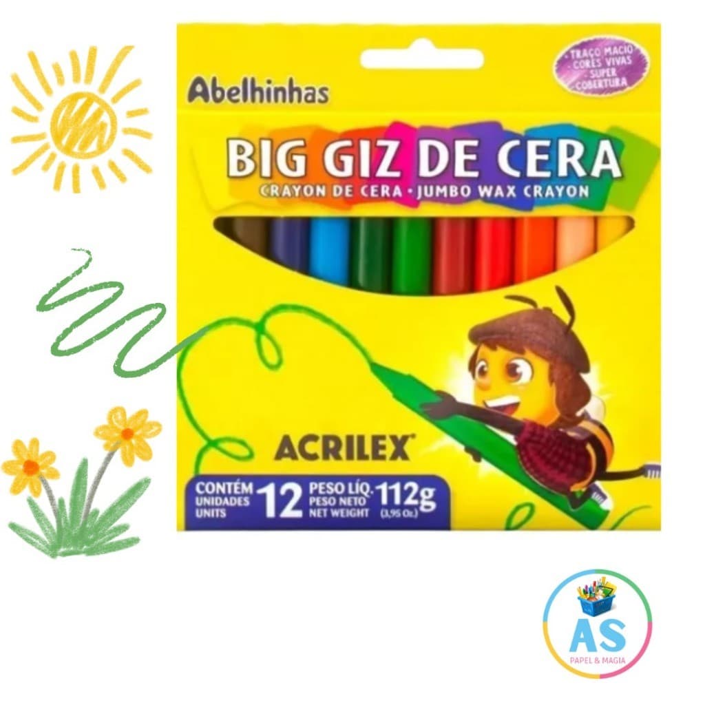 Giz de Cera Redondo com 12 cores - Gizão Jumbo Escolar Acrilex 112g 01