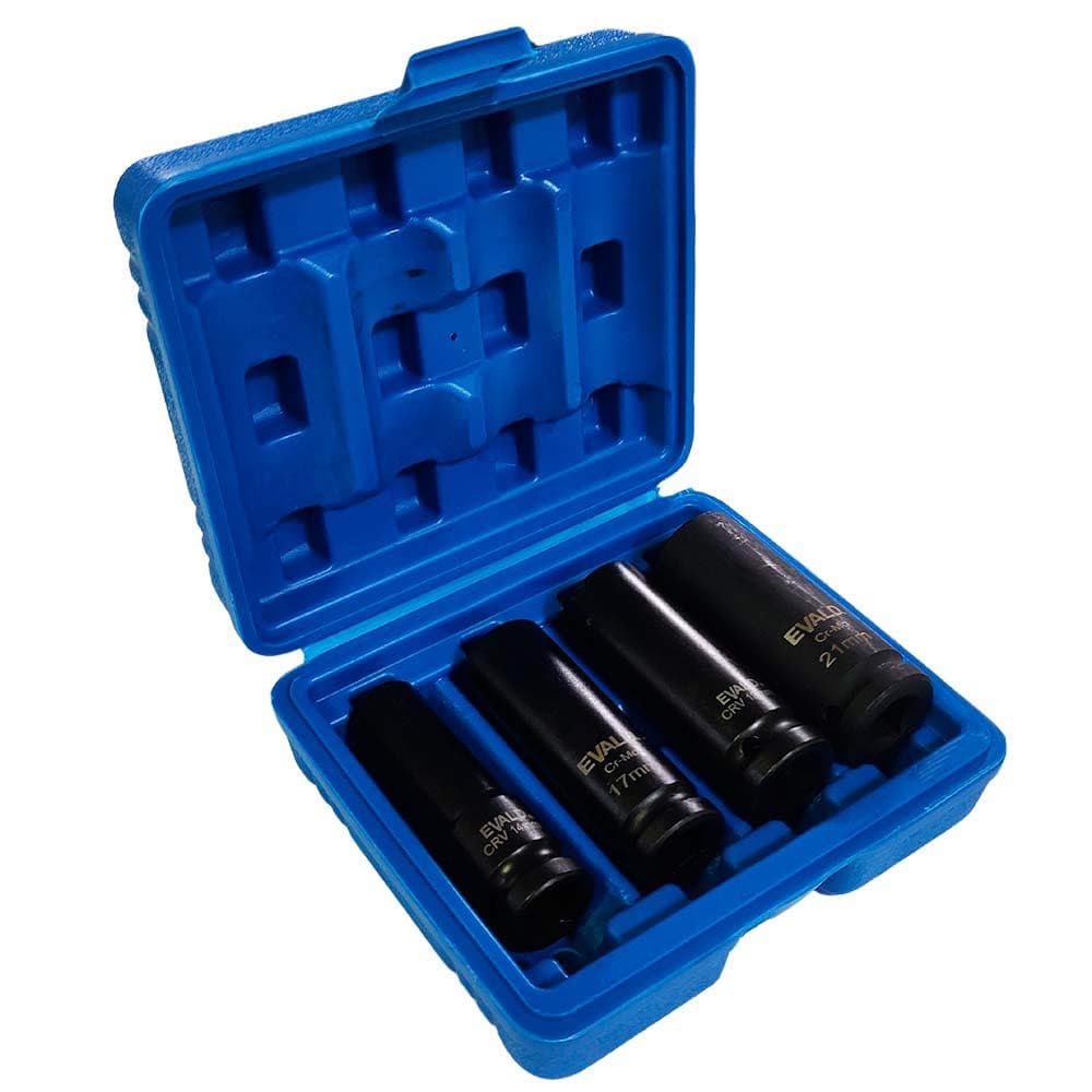 Jogo de Soquetes Longos de Impacto 1/2 POL de 14 a 21 MM Kit com 4 Peças EVSLI-4 EVALD