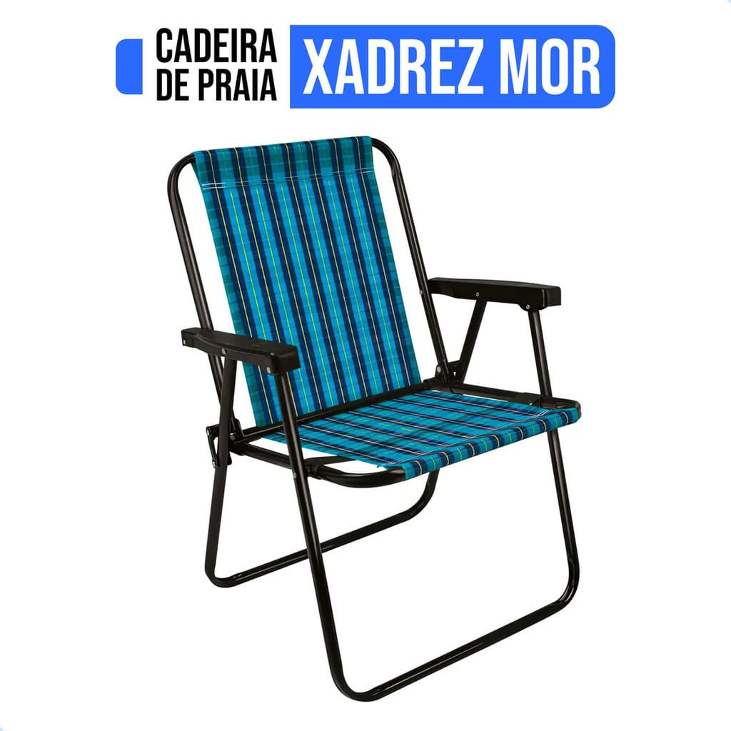 Cadeira de Praia Aço Xadrez Marine Praia Jardim Piscina Camping Portátil Mor Azul