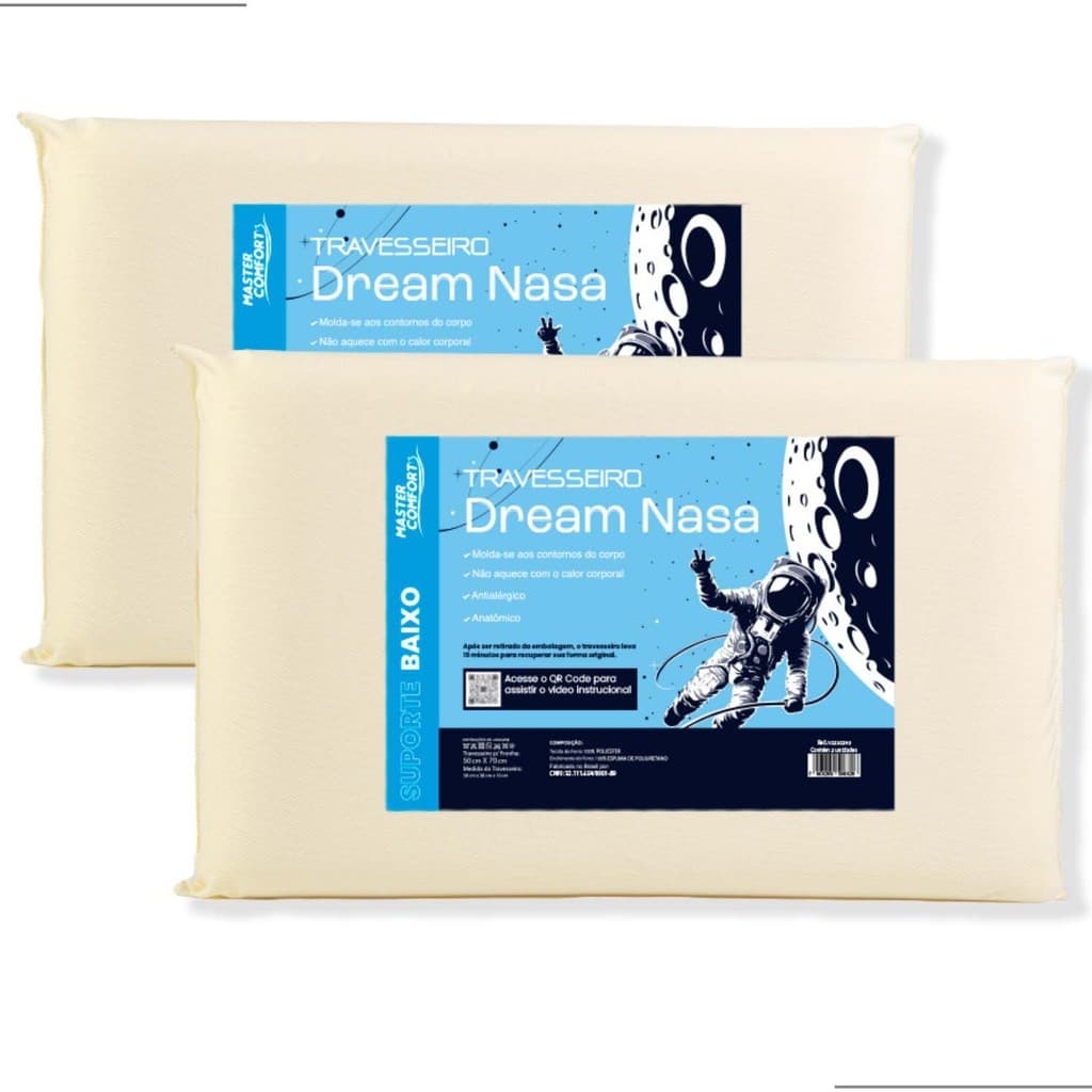 Kit 2 Travesseiros Nasa Original Viscoelástico Toque Macio Antialérgico Anatômico Conforto Premium Tecido Respirável