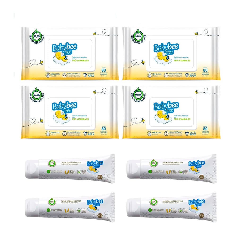 Baby Bee Kit 8un - 4un  Toalhas / Lenços umedecidas com 80un + 4un Pomada Para Assaduras Creme Dermoprotetor - 60g