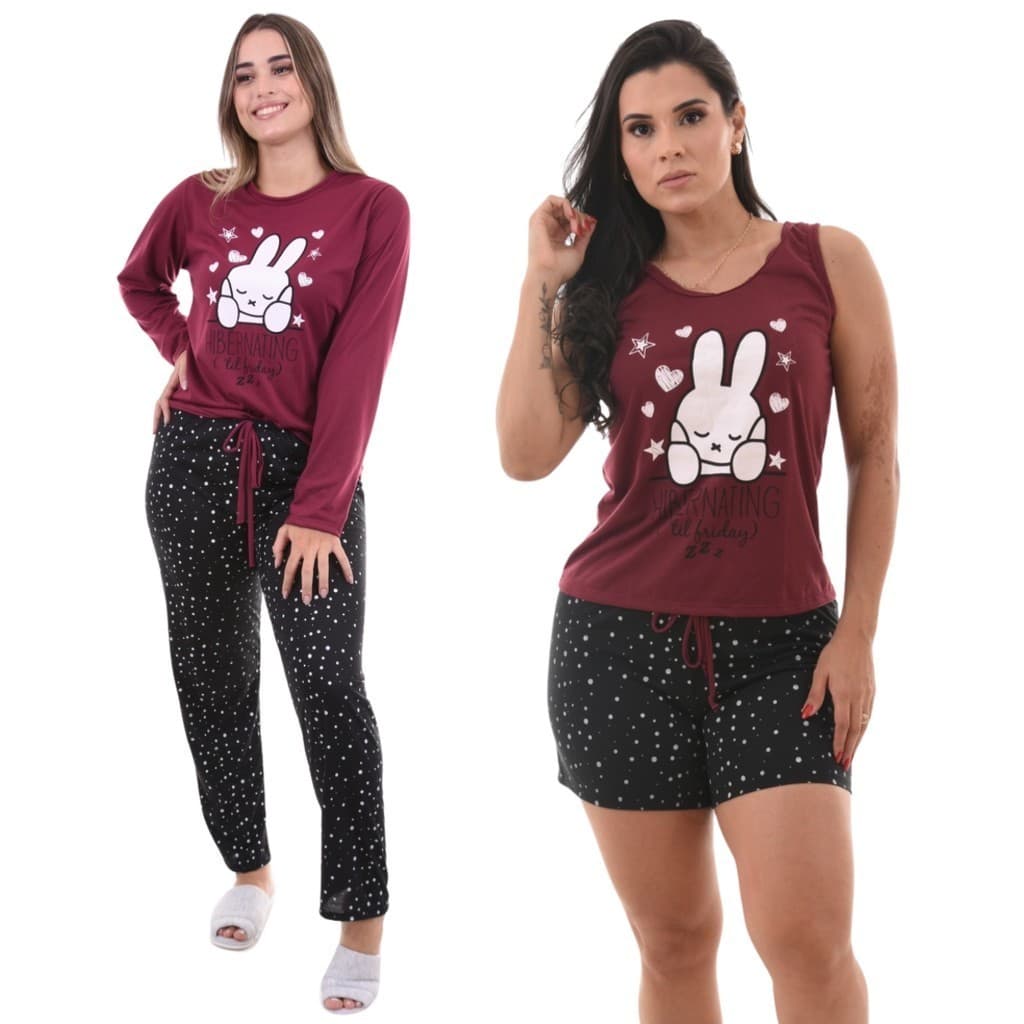 Kit Pijamas Curto E Longo Baby Doll Camiseta e Pijamas Manga Longa e Calça