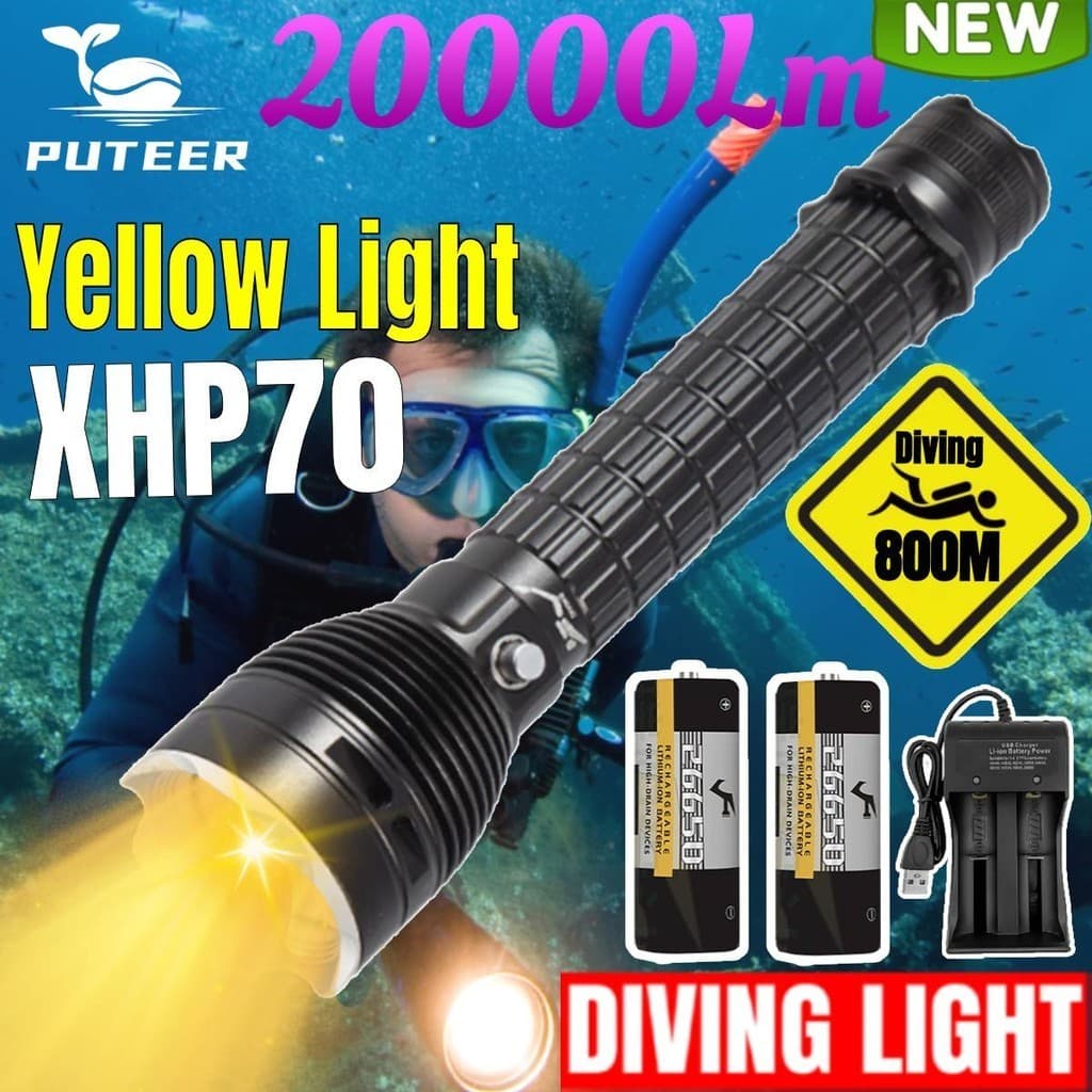 Novo 20000lm Puteer Super Brilhante Luz De Mergulho À Prova D'água DY52 Lanterna Subaquática Amarela Quente Para Pesca IPX8 D'água