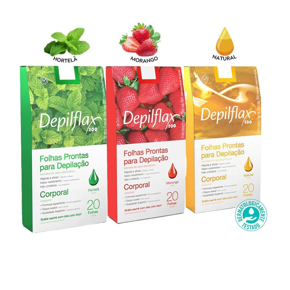 Folhas Prontas de Depilação Corporal Pernas Depilflax Morango Hortelã Natural 20un Depilatórias